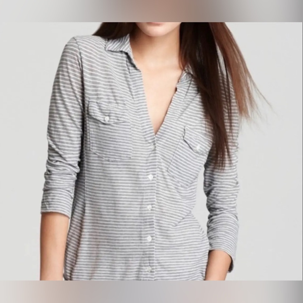 James Perse Size 3 Gray White Striped Cotton Button Front Shirt